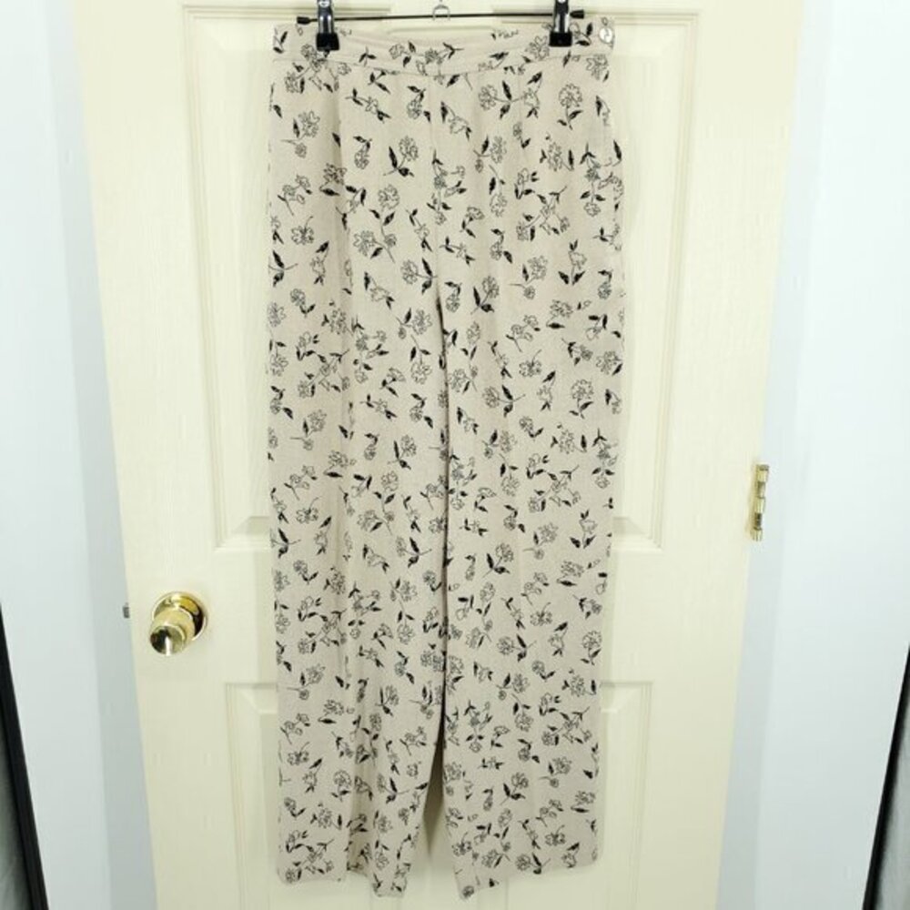 Beige Floral Wide-Leg Pants